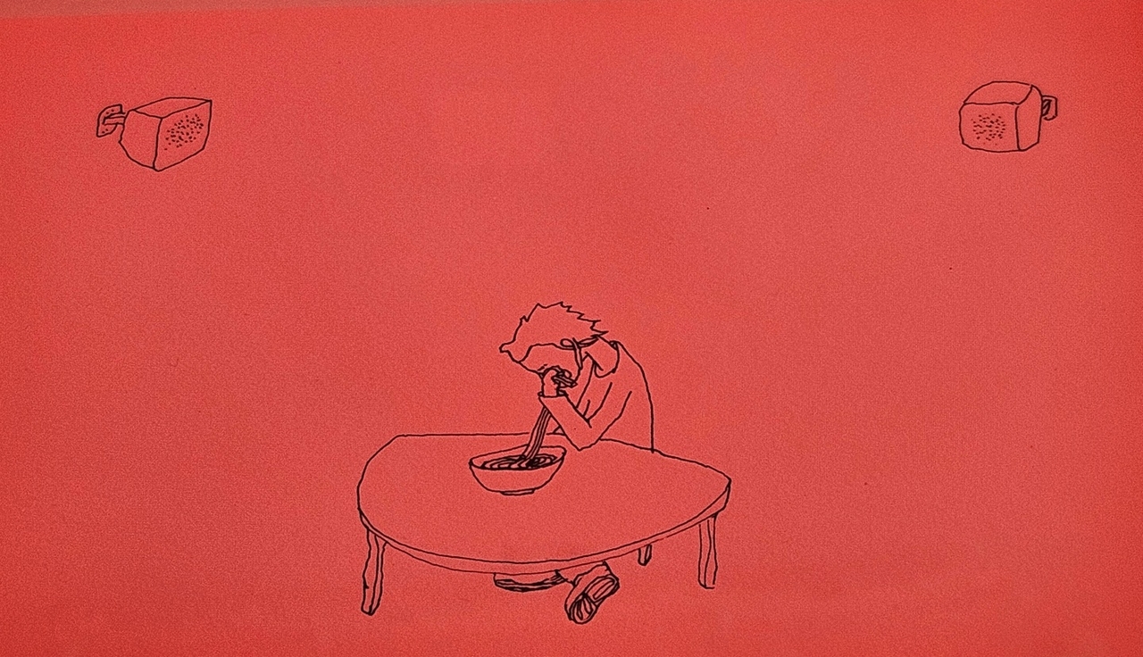 A drawing by Koo Jeong-a is seen at LUMA Arles in France as part of the exhibition “Koo Jeong A: Land of Ousss [Kangse].” (Park Yuna/The Korea Herald)