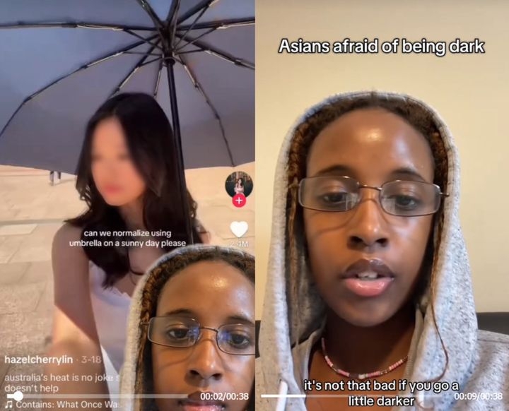 Captured images of a tiktok video in which a user claims that using a UV umbrella is linked to white supremacy. (THEQOO)